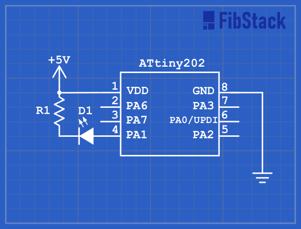 ATtiny202 microcontroller and LED connected to pin PA1