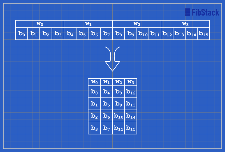 Organizing bytes in a 4x4 matrix, `b` denotes a byte, `w` specifies a word.